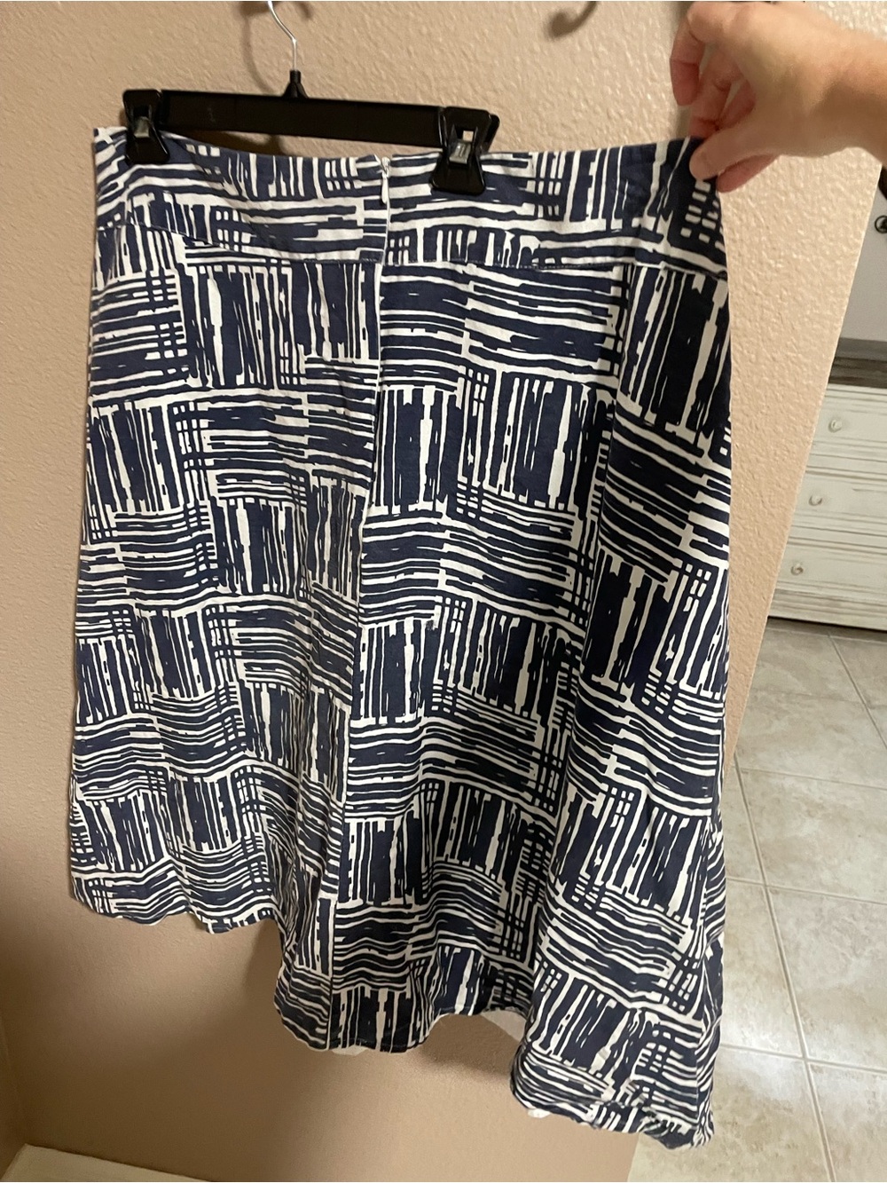 Lino USA linen blend Navy and White A-Line Skirt with Graphic Grid Print - as is